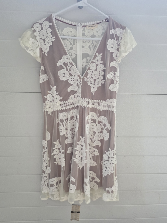 Main Strip Dresses & Skirts - Main Strip Mauve Mini Dress with White Floral Lace Overlay